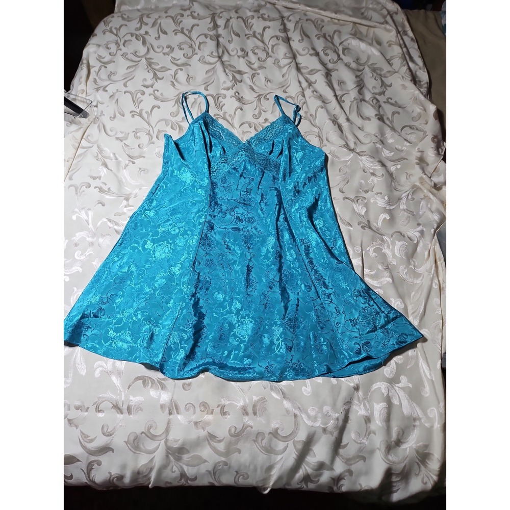 Vintage Nightie Damask Slip Chemise Teal Satin Lace Flowy Lingerie Sexy 80s XL